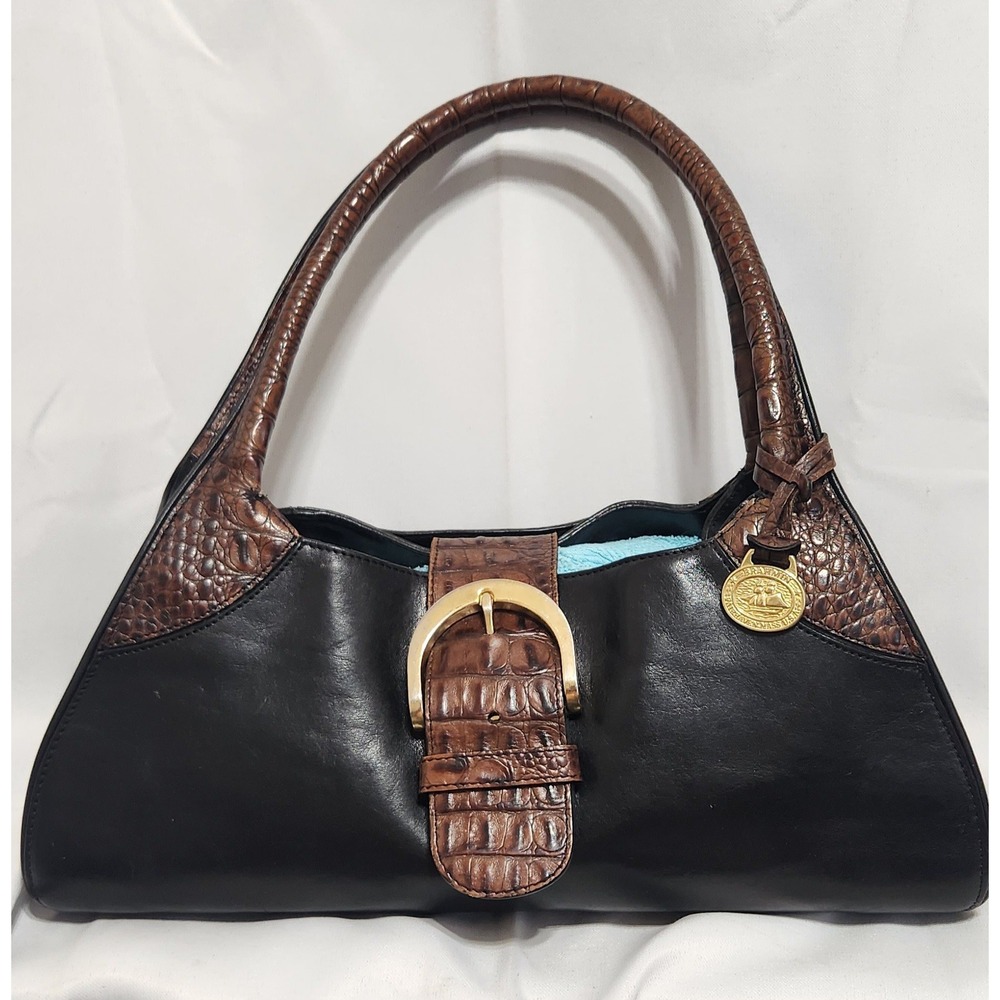 VTG Brahmin Tuscan Collection Black Brown Croc Embossed Shoulder Bag Buckle